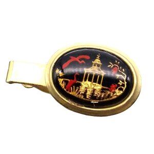 Vintage Reverse Painted Intaglio Asian Cabochon Tie Clip, Gold, Black, Red Crane